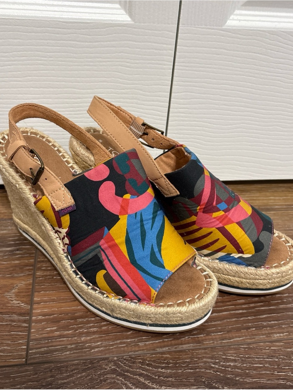 Toms Multicolor Patterned Wedge Sandals with Tan Slingback